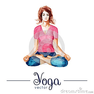 Girl in yoga pose. Illustration with watercolor texture. Vector Illustration