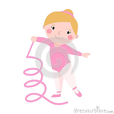 Girl young sport cute gymnast with ribbon flexibility gymnastic strength teenager doing dance and rhythmic performance Vector Illustration