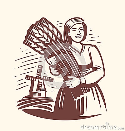 Girl or young woman farmer, wheat field, mill emblem. Agriculture, windmill logo. Healthy organic natural farm food Vector Illustration