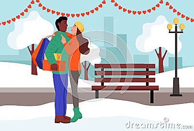 A loving couple hugs in a Park Vector Illustration