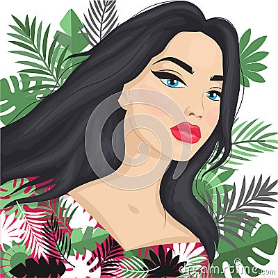 girlflat Hand drawn portrait of beautful summer women. Vector. Vector Illustration