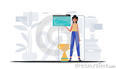 The girlfriend holds a graph with plus moral effect in his pass . digital commercialize concept. Trendy style, Vector Vector Illustration