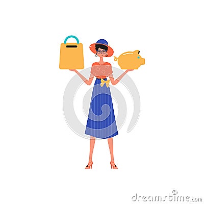 The girlfriend holds a hoggish depository fiscal trip and a stigmatize basket in his pass. Trendy style, Vector Vector Illustration