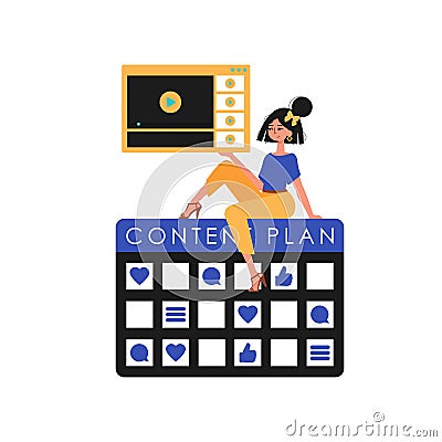 The girlfriend sits on the content design and holds a windowpane with a video . subject plan composition. Trendy style Vector Illustration