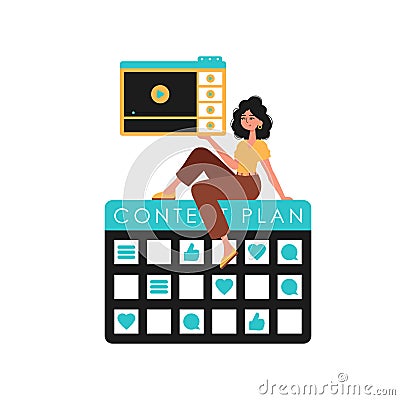 The girlfriend sits on the content design and holds a windowpane with a video . subject planning composition. Trendy Vector Illustration