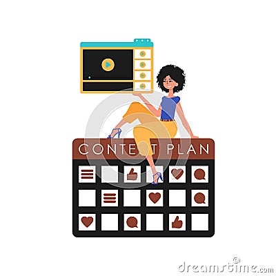 The girlfriend sits on the message design and holds a windowpane with a video . subject plan composition. Trendy style Vector Illustration