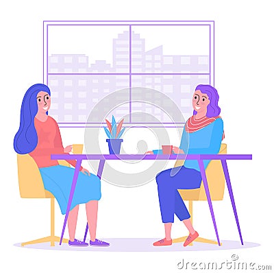 Girlfriend smiling woman sitting urban cafe, cheerful female friend amicable dialogue cartoon vector illustration Vector Illustration