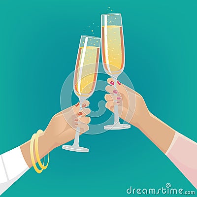 Girlfriends clink glasses of champagne Vector Illustration