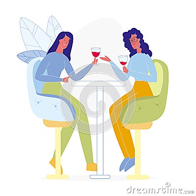 Girlfriends Drinking in Bar Flat Illustration Vector Illustration