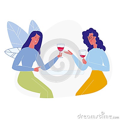 Girlfriends Drinking Red Wine Flat Illustration Vector Illustration