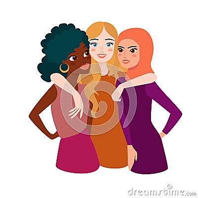 Girlfriends girls hugging together. Flat design concept. Vector Stock Photo