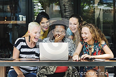 Girlfriends Hangout Laptop Funny Concept Stock Photo