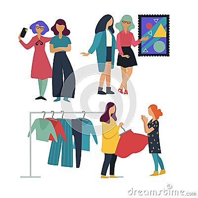 Girlfriends pastime together art gallery and shopping taking selfie Vector Illustration