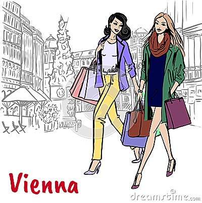 Girlfriends in Vienna Vector Illustration