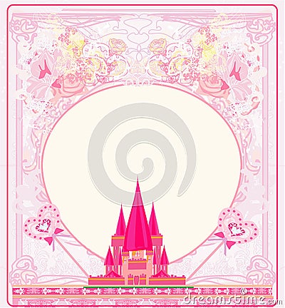 Girlish frame with pink fairytale castle Vector Illustration