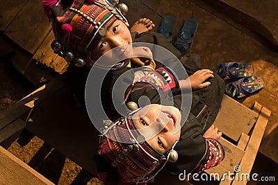 Girls from the Akha ethnic group in traditional clothes Editorial Stock Photo