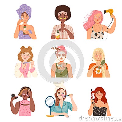 Girls Applying Cosmetic Cream, Brushing Hair and Putting on Make-up Vector Illustration Set Stock Photo