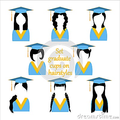 Girls avatars with black hair silhouettes and graduation ceremonial clothing set. Vector academic clothes student caps Stock Photo