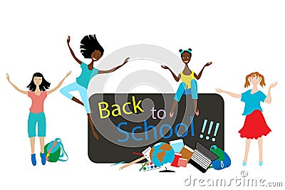 Girls on the background of blackboard, globe, books, laptop. Back to school. Knowledge day. Start of the school year Vector Illustration