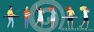 Girls band. Female musicians and singers with musical instruments. Women singing team vector characters Vector Illustration