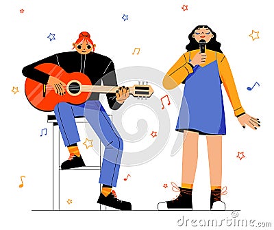 Girls band with singer and musician with guitar Vector Illustration