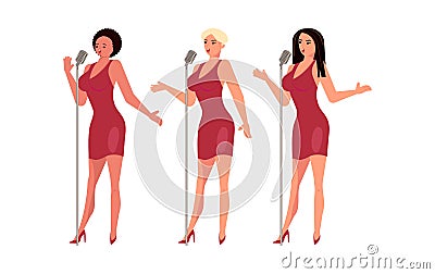 Girls band is singing with microphones on the scene. Vector Illustration