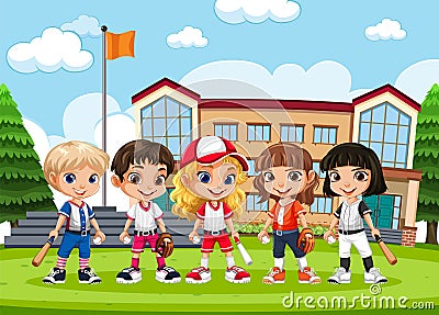 Girls in Baseball Outfits at School Scene Vector Illustration