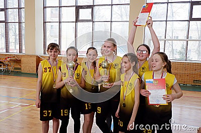 Girls basketball winner of the city competitions. Editorial Stock Photo