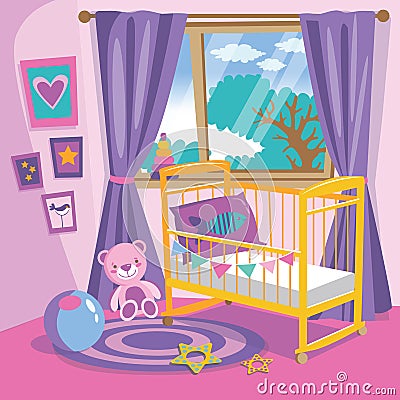 Girls bedroom interior. Flat style cartoon vector illustration. Baby room in pink. Baby room with furniture. Nursery interior. Vector Illustration