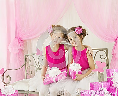 Girls Birthday, Kids Retro Pink Dress with Present Gift Box Stock Photo