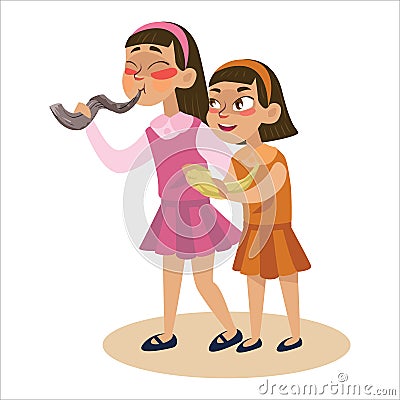 Girls blowing Shofar horn for the Jewish New Year, Rosh Hashanah holiday, judaism religion vector illustration cartoon Vector Illustration