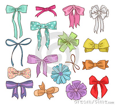 Girls bow vector girlish bowknot or girlie ribbon on hair or for decorating gifts on Birtrhday illustration set of bowed Vector Illustration