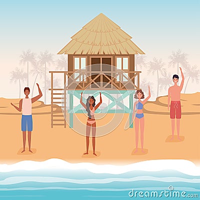 Girls and boys cartoons with swimsuit at the beach with hut vector design Vector Illustration