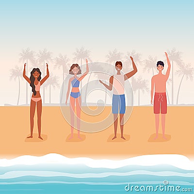 Girls and boys cartoons with swimsuit at the beach with palm trees vector design Vector Illustration
