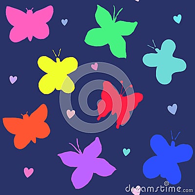 Girls bright color butterfly silhouettes pattern on navy Vector Illustration