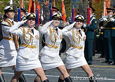 Girls-cadets of the Military University and Volsky military Institute of material support named after A. Khrulyov on rehearsal of Editorial Stock Photo