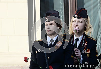 Girls-cadets of police during the celebration of Victory Day on Red Square in Moscow. Editorial Stock Photo