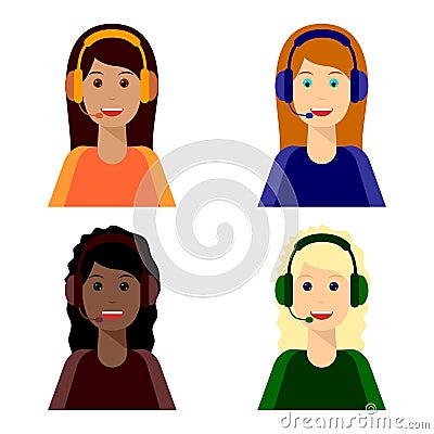 4 girls, Call center Vector Illustration