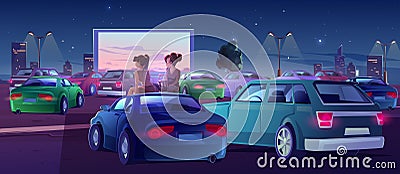 Girls at car cinema, friends in drive-in theater Vector Illustration