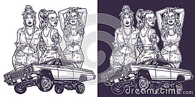Girls and car emblem monochrome Vector Illustration