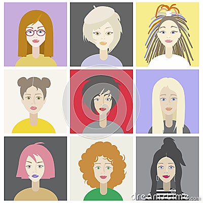 Girls characters set with different hairstyles.Colorful illustration Cartoon Illustration