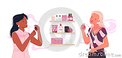 Girls choose fashion perfume on shopping vector illustration. Cartoon young female characters apply aroma fragrance Vector Illustration