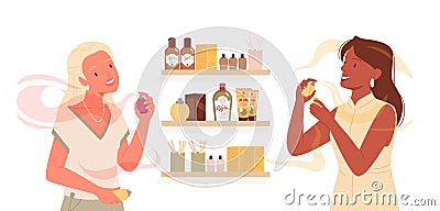 Girls choose fashion perfume on shopping, young female characters apply fragrance scent Vector Illustration