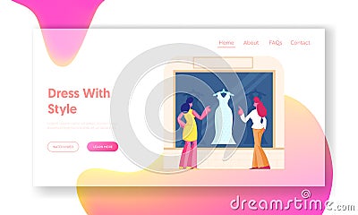 Girls Choose Garment Standing at Apparel Boutique Website Landing Page. Young Stylish Women Stand at Showcase Vector Illustration