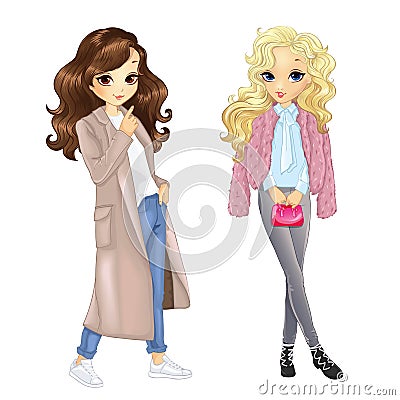 Girls In Coat And Fur Vector Illustration