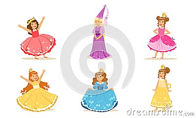 Girls in colorful dresses of princesses. Vector illustration. Vector Illustration