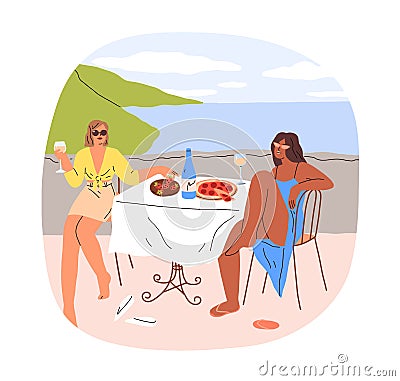 Girls couple at table of seaside beach cafe on vacation. Women eating pizza, drinking, relaxing on sea coast, summer Vector Illustration