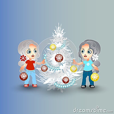 girls decorates the Christmas tree Cartoon Illustration