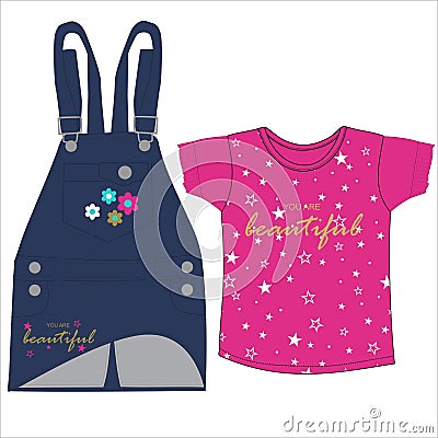 girls denim dungaree with t shirt star print vector Vector Illustration