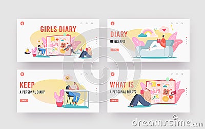 Girls Diary Landing Page Template Set. Tiny Female Characters Writing Memoirs in Notebook. Teenage Put Notes in Notepad Vector Illustration